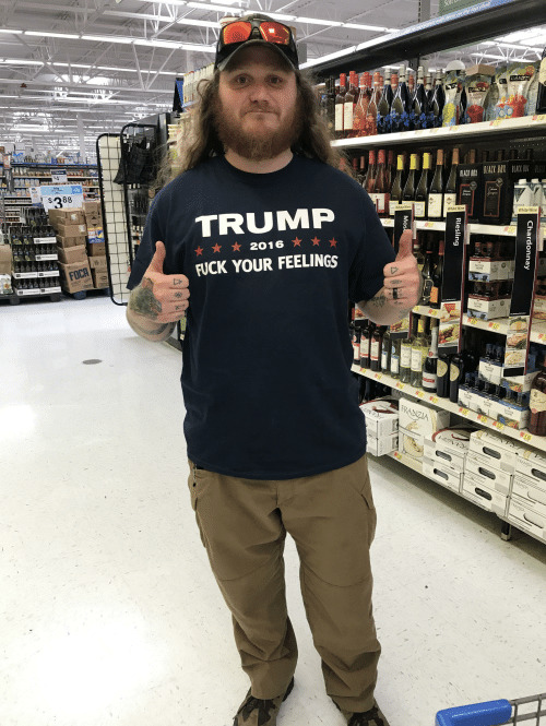 A typical Donald Trump supporter with a vulgar slogan.