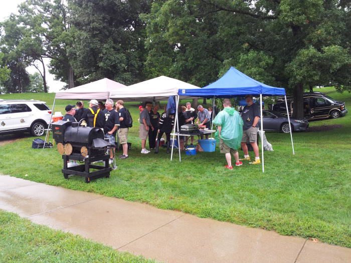 Football tailgating in the rain: Purdue West Slayter Hill Tailgate Association, 10 September 2016.