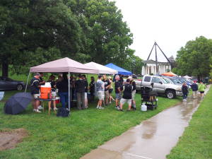 Football tailgating in the rain: Purdue West Slayter Hill Tailgate Association, 10 September 2016.