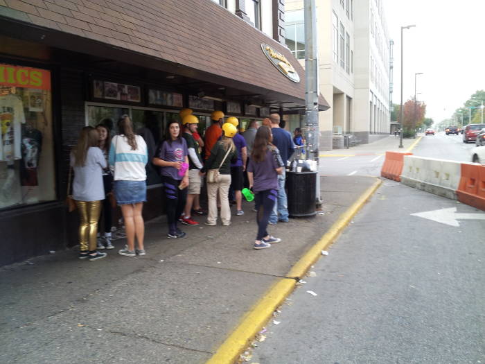 People lined up outside Harry's for Purdue's 'Breakfast Club' on State Street in West Lafayette, October 2016