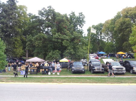 Tents, grills, and cars at a tailgate celebration for a Purdue football game, October 2016
